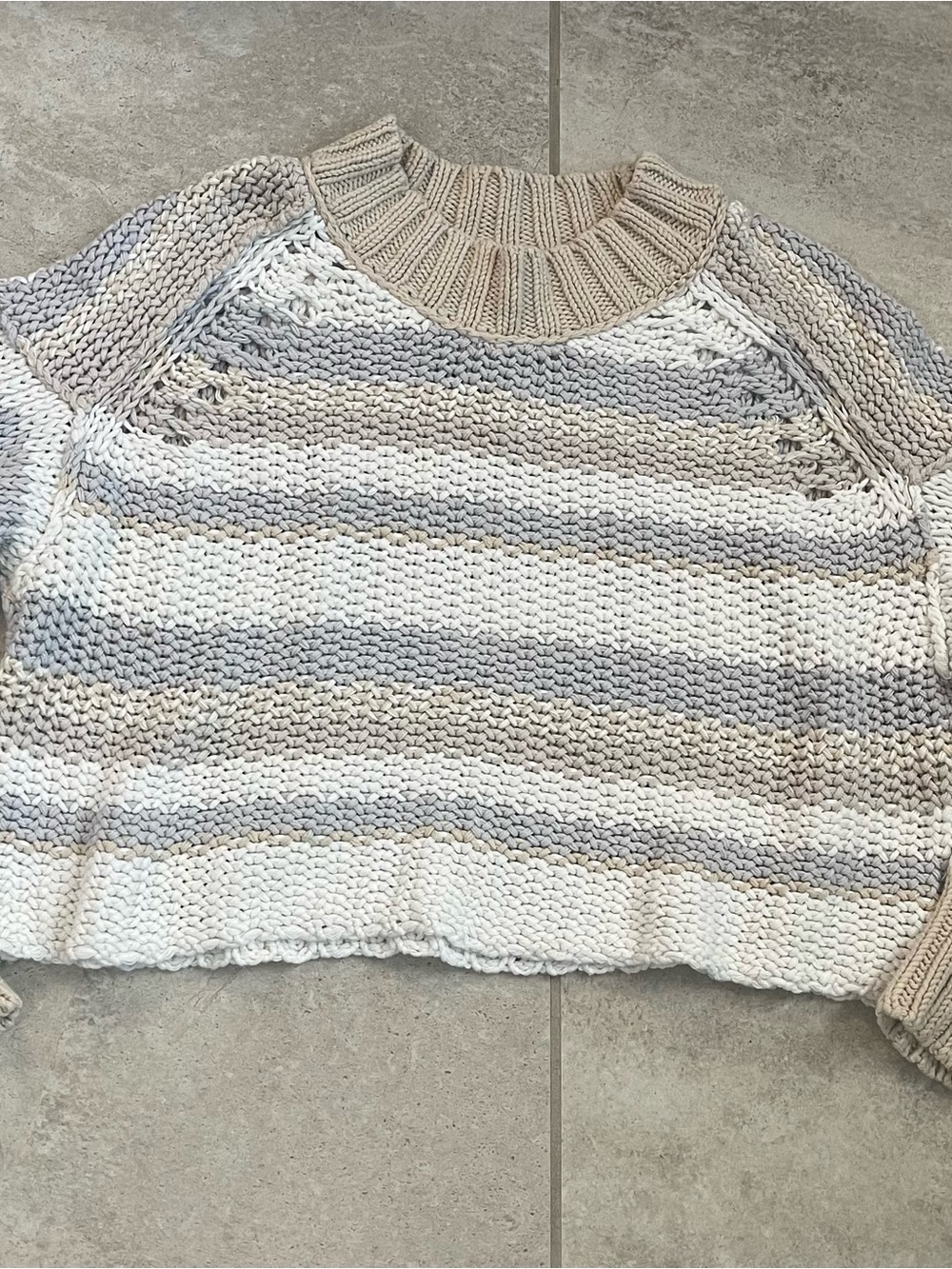 Free People Striped Mock Neck Cropped Sweater — Cream & Gray